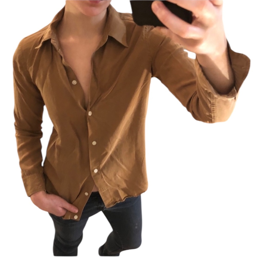 Qualité Light Brown Tan Cognac Long Sleeve Button Down Shirt Top • Japan • 2 / S - Picture 6 of 13